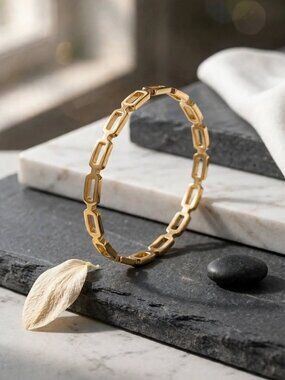 Rectangular Open Link Chain Bangle 18K Gold Plated Stainless Steel Cuff 2.28"